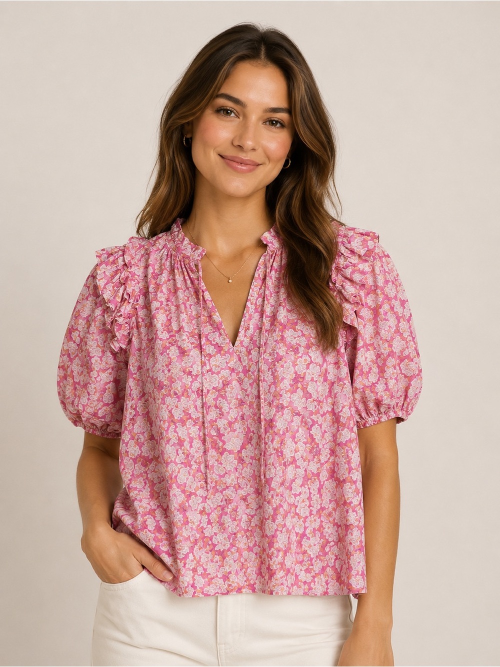 Avara Ruffle Puff Sleeve Floral Print blouse Top Pink XL